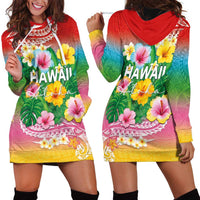 Hawaii Aloha Tropical Leaves and Flower Hoodie Dress with Polynesian Art Tattoo Rainbow Color - Polynesian Pride