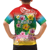 Hawaii Aloha Tropical Leaves and Flower Kid Hawaiian Shirt with Polynesian Art Tattoo Rainbow Color - Polynesian Pride