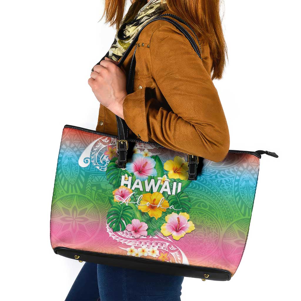 Hawaii Aloha Tropical Leaves and Flower Leather Tote Bag with Polynesian Art Tattoo Rainbow Color - Polynesian Pride