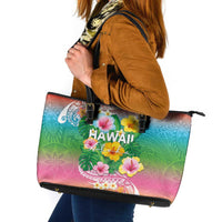 Hawaii Aloha Tropical Leaves and Flower Leather Tote Bag with Polynesian Art Tattoo Rainbow Color - Polynesian Pride