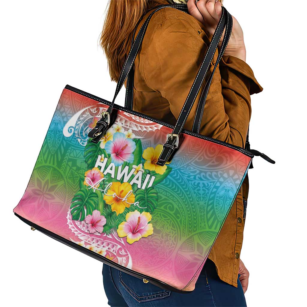 Hawaii Aloha Tropical Leaves and Flower Leather Tote Bag with Polynesian Art Tattoo Rainbow Color - Polynesian Pride