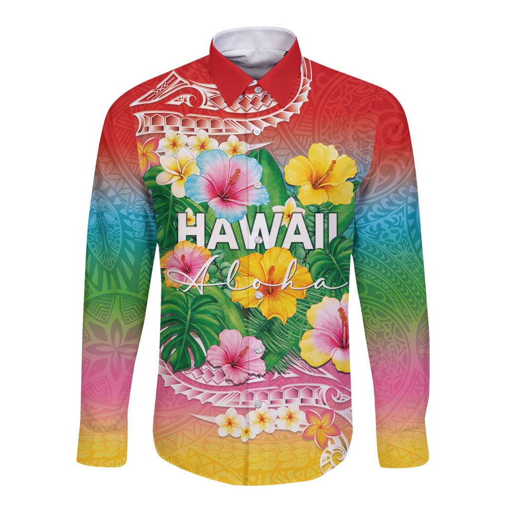 Hawaii Aloha Tropical Leaves and Flower Long Sleeve Button Shirt with Polynesian Art Tattoo Rainbow Color LT03 Unisex Rainbow - Polynesian Pride