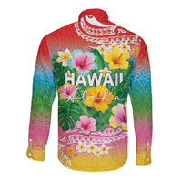 Hawaii Aloha Tropical Leaves and Flower Long Sleeve Button Shirt with Polynesian Art Tattoo Rainbow Color LT03 - Polynesian Pride