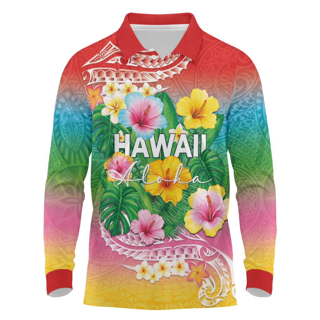 Hawaii Aloha Tropical Leaves and Flower Long Sleeve Polo Shirt with Polynesian Art Tattoo Rainbow Color - Polynesian Pride
