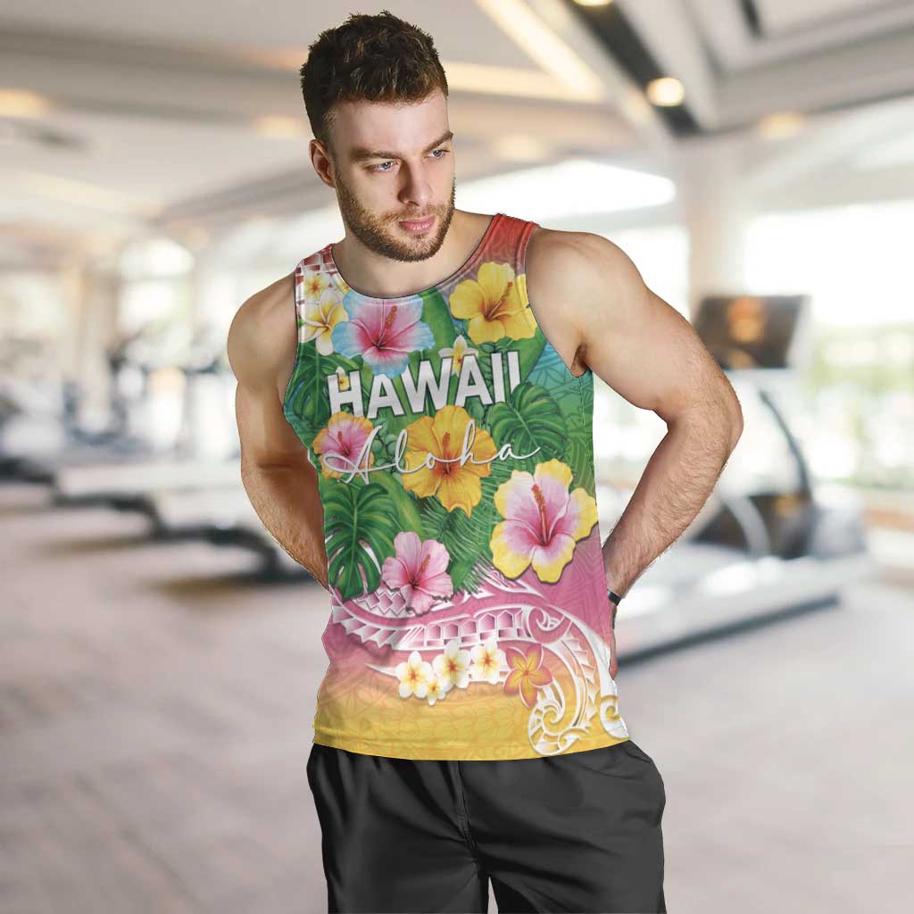 Hawaii Aloha Tropical Leaves and Flower Men Tank Top with Polynesian Art Tattoo Rainbow Color LT03 Rainbow - Polynesian Pride