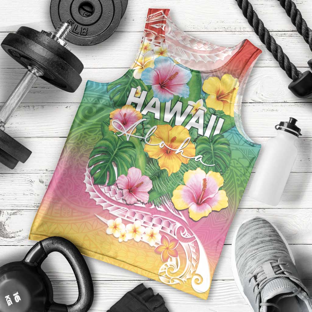 Hawaii Aloha Tropical Leaves and Flower Men Tank Top with Polynesian Art Tattoo Rainbow Color LT03 - Polynesian Pride