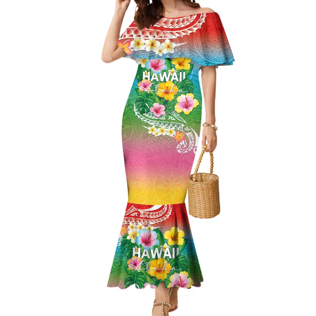 Hawaii Aloha Tropical Leaves and Flower Mermaid Dress with Polynesian Art Tattoo Rainbow Color - Polynesian Pride