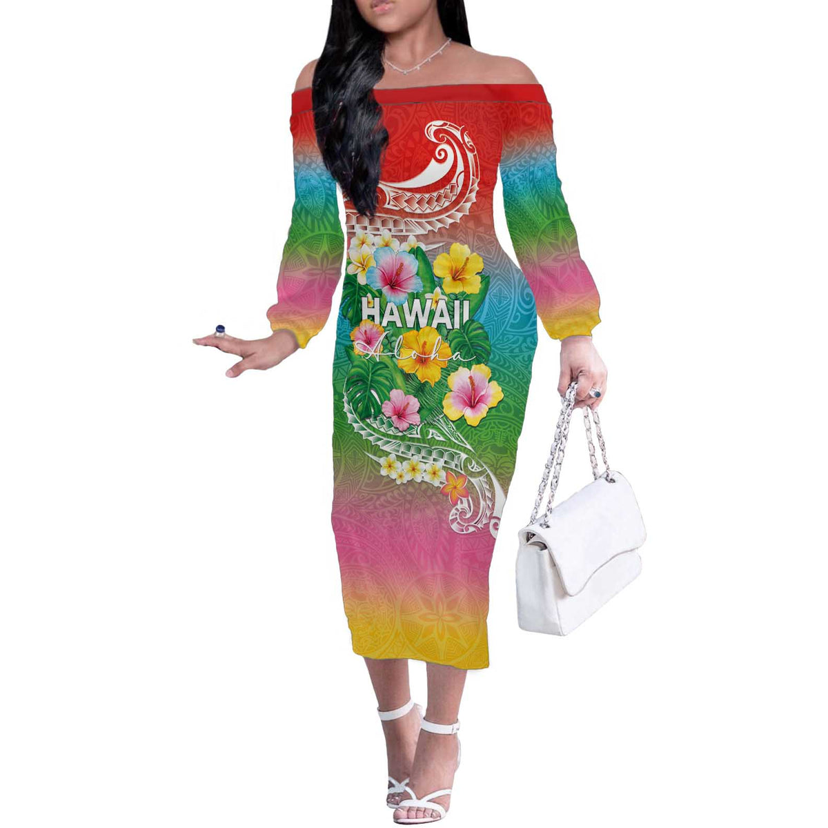 Hawaii Aloha Tropical Leaves and Flower Off The Shoulder Long Sleeve Dress with Polynesian Art Tattoo Rainbow Color - Polynesian Pride