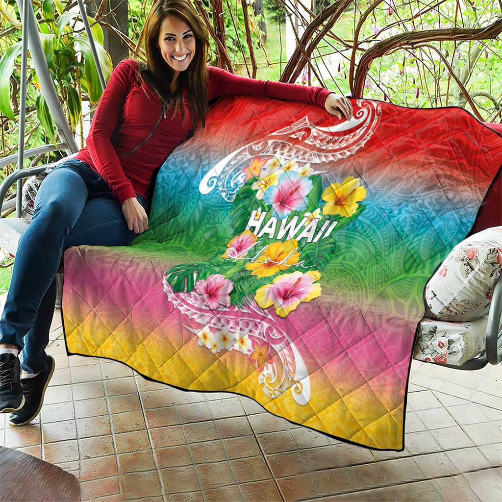 Hawaii Aloha Tropical Leaves and Flower Quilt with Polynesian Art Tattoo Rainbow Color - Polynesian Pride
