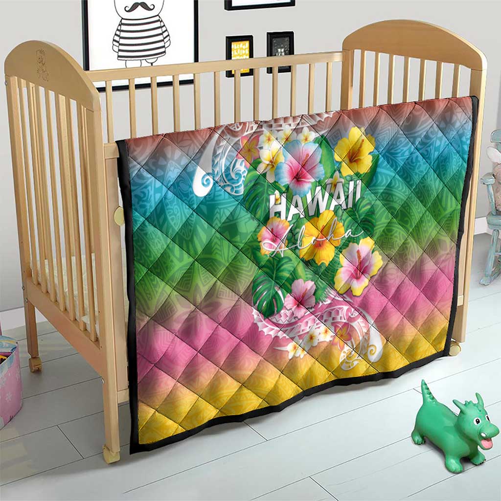 Hawaii Aloha Tropical Leaves and Flower Quilt with Polynesian Art Tattoo Rainbow Color - Polynesian Pride