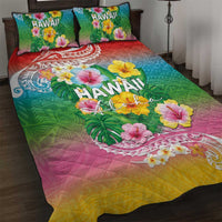 Hawaii Aloha Tropical Leaves and Flower Quilt Bed Set with Polynesian Art Tattoo Rainbow Color - Polynesian Pride