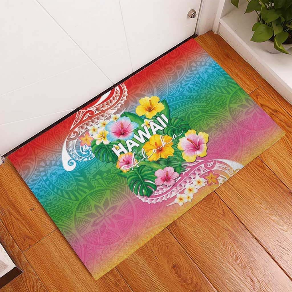 Hawaii Aloha Tropical Leaves and Flower Rubber Doormat with Polynesian Art Tattoo Rainbow Color LT03 - Polynesian Pride