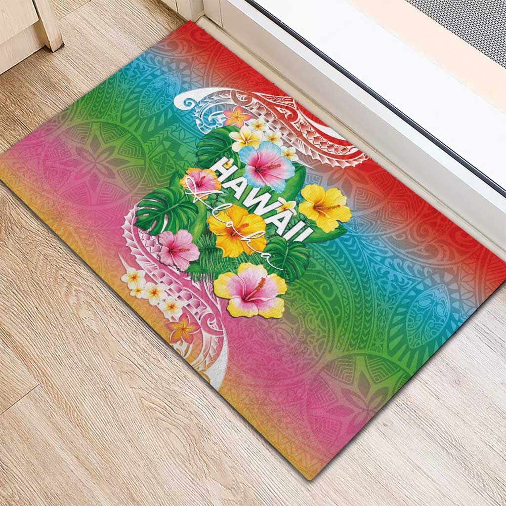 Hawaii Aloha Tropical Leaves and Flower Rubber Doormat with Polynesian Art Tattoo Rainbow Color LT03 - Polynesian Pride