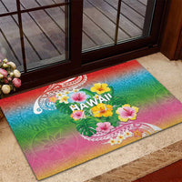Hawaii Aloha Tropical Leaves and Flower Rubber Doormat with Polynesian Art Tattoo Rainbow Color LT03 - Polynesian Pride