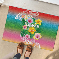 Hawaii Aloha Tropical Leaves and Flower Rubber Doormat with Polynesian Art Tattoo Rainbow Color LT03 - Polynesian Pride