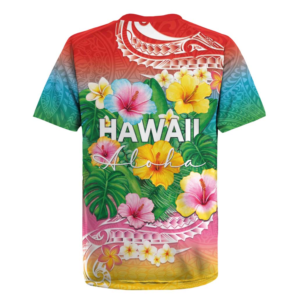 Hawaii Aloha Tropical Leaves and Flower Rugby Jersey with Polynesian Art Tattoo Rainbow Color LT03 - Polynesian Pride