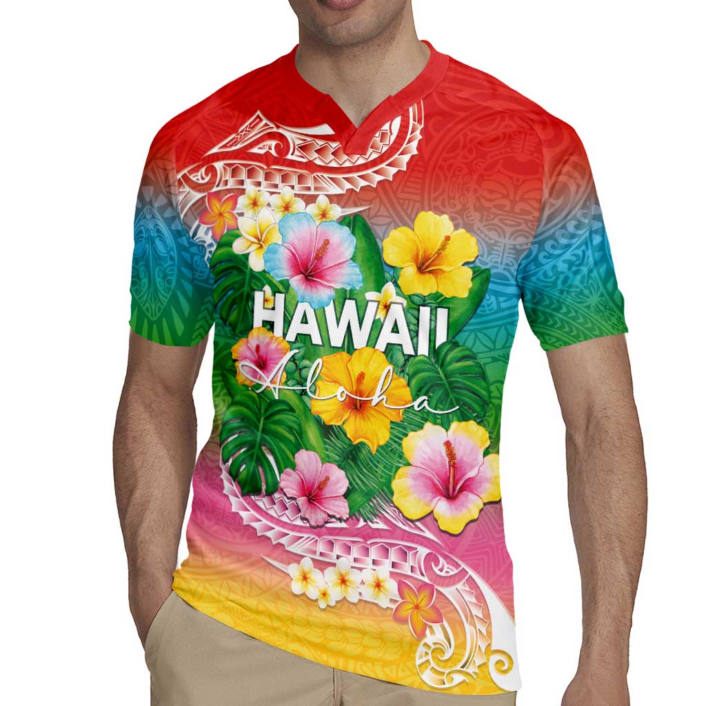 Hawaii Aloha Tropical Leaves and Flower Rugby Jersey with Polynesian Art Tattoo Rainbow Color LT03 - Polynesian Pride