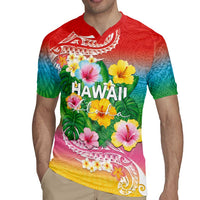 Hawaii Aloha Tropical Leaves and Flower Rugby Jersey with Polynesian Art Tattoo Rainbow Color LT03 - Polynesian Pride