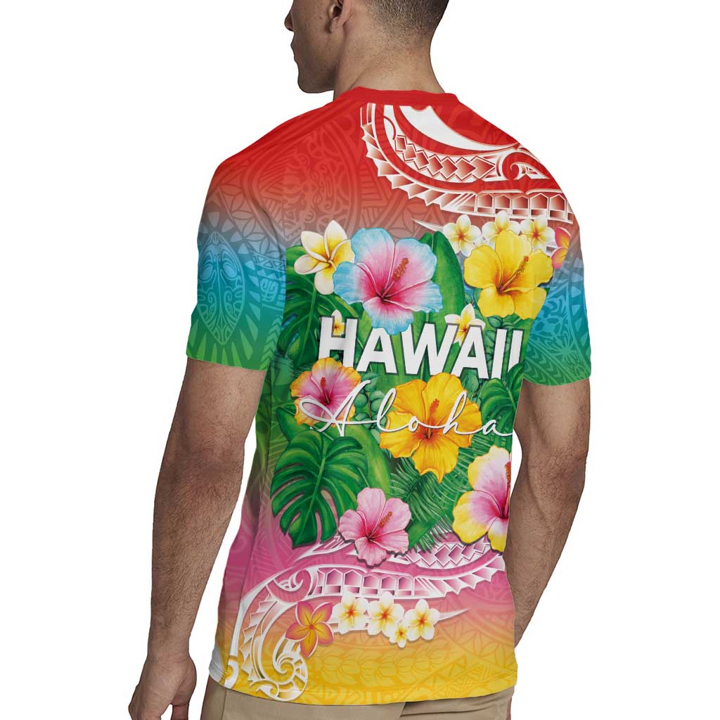 Hawaii Aloha Tropical Leaves and Flower Rugby Jersey with Polynesian Art Tattoo Rainbow Color LT03 - Polynesian Pride
