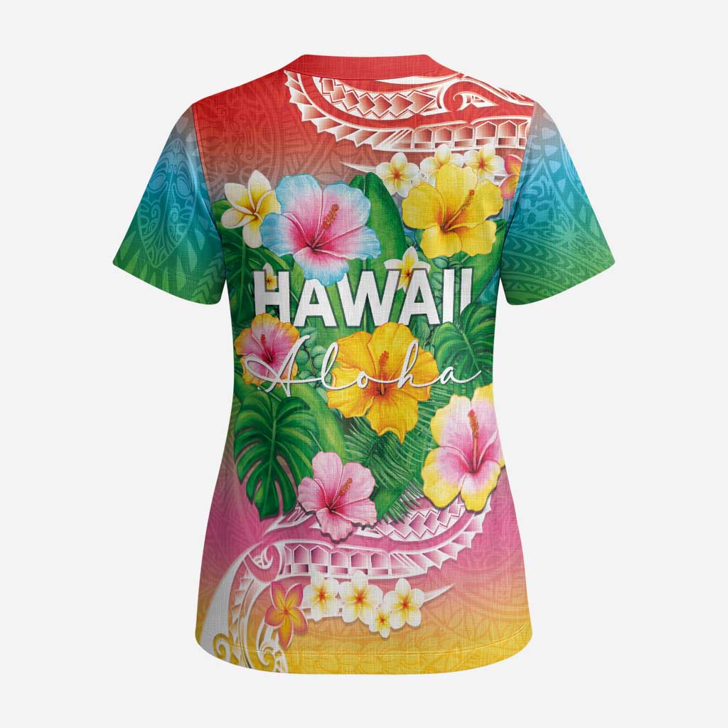 Hawaii Aloha Tropical Leaves and Flower Scrub Top with Polynesian Art Tattoo Rainbow Color - Polynesian Pride