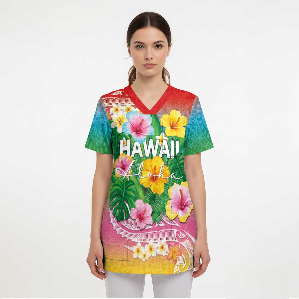 Hawaii Aloha Tropical Leaves and Flower Scrub Top with Polynesian Art Tattoo Rainbow Color - Polynesian Pride