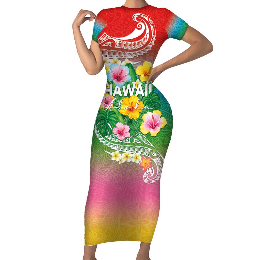 Hawaii Aloha Tropical Leaves and Flower Short Sleeve Bodycon Dress with Polynesian Art Tattoo Rainbow Color - Polynesian Pride