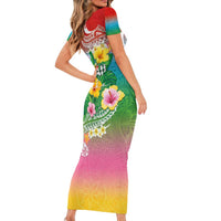 Hawaii Aloha Tropical Leaves and Flower Short Sleeve Bodycon Dress with Polynesian Art Tattoo Rainbow Color - Polynesian Pride