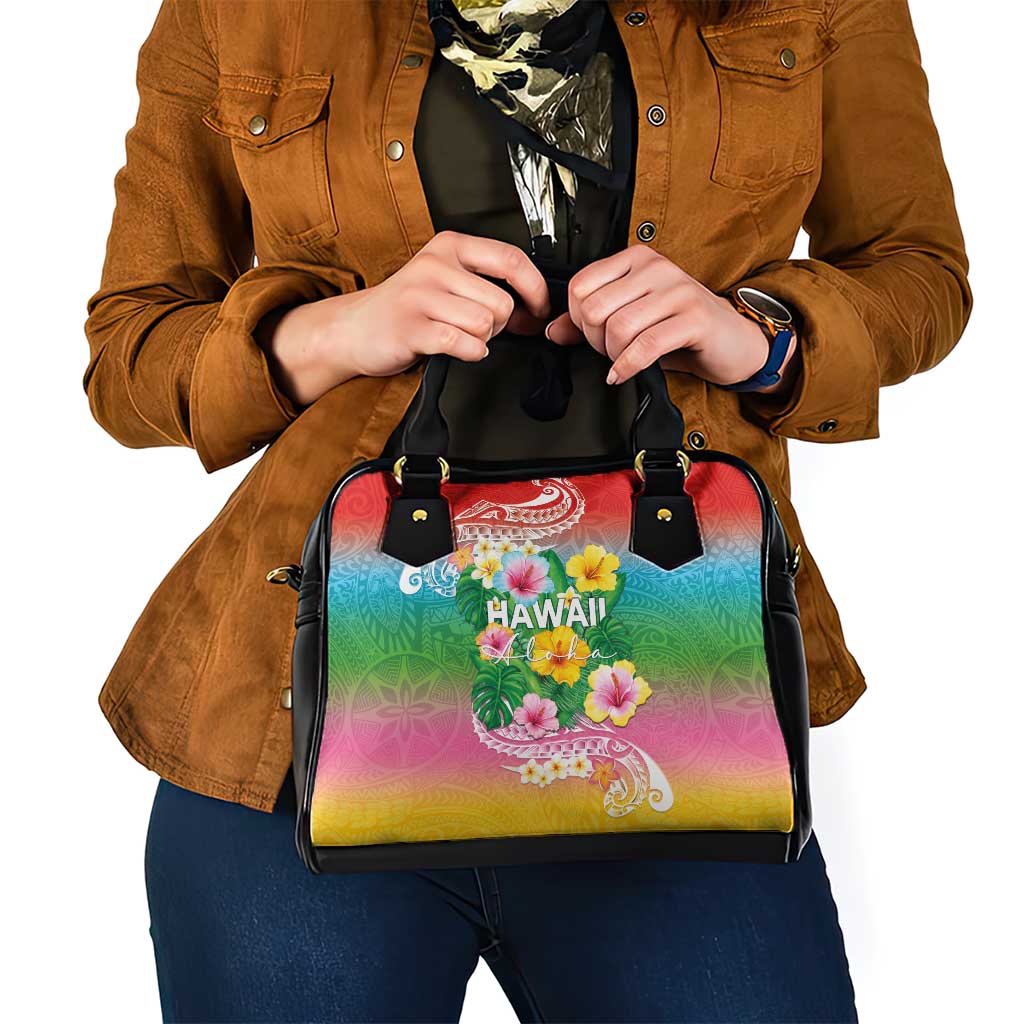 Hawaii Aloha Tropical Leaves and Flower Shoulder Handbag with Polynesian Art Tattoo Rainbow Color - Polynesian Pride