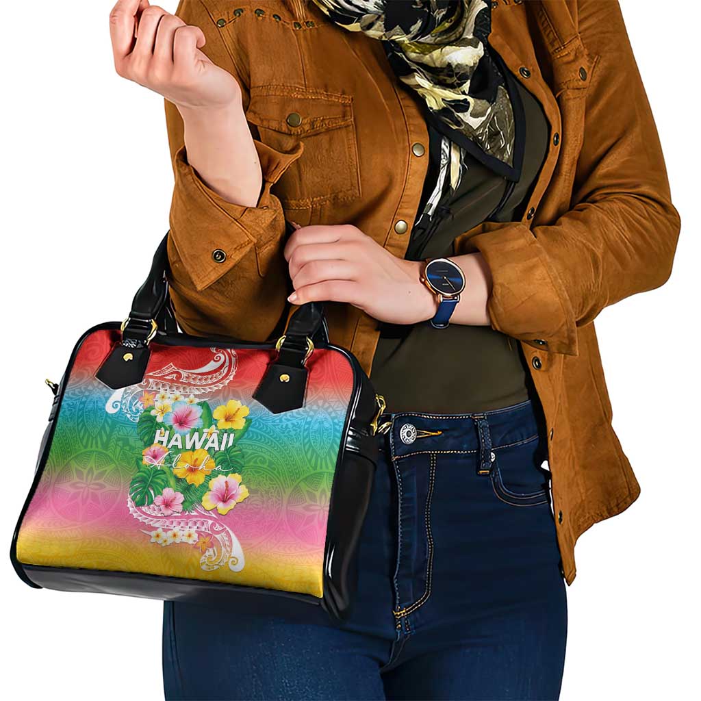 Hawaii Aloha Tropical Leaves and Flower Shoulder Handbag with Polynesian Art Tattoo Rainbow Color - Polynesian Pride