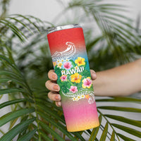 Hawaii Aloha Tropical Leaves and Flower Skinny Tumbler with Polynesian Art Tattoo Rainbow Color - Polynesian Pride