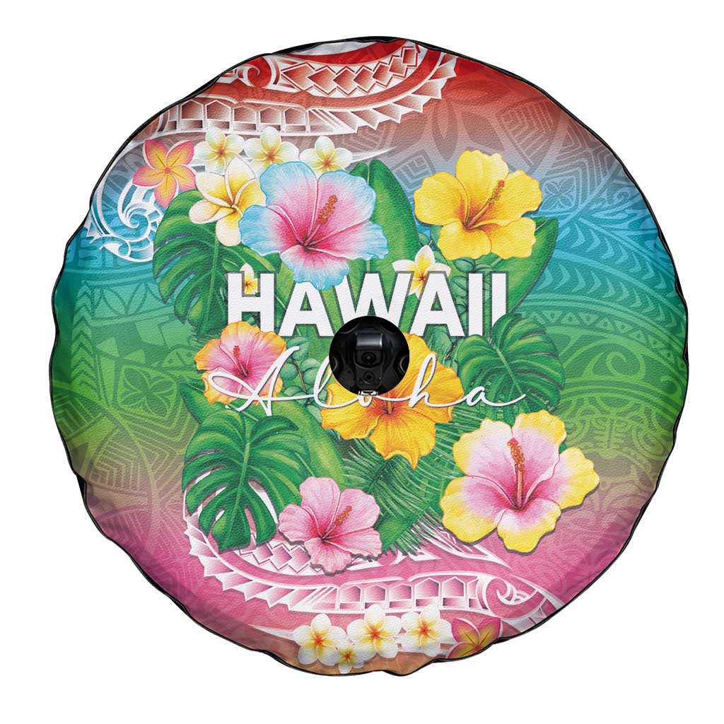 Hawaii Aloha Tropical Leaves and Flower Spare Tire Cover with Polynesian Art Tattoo Rainbow Color - Polynesian Pride