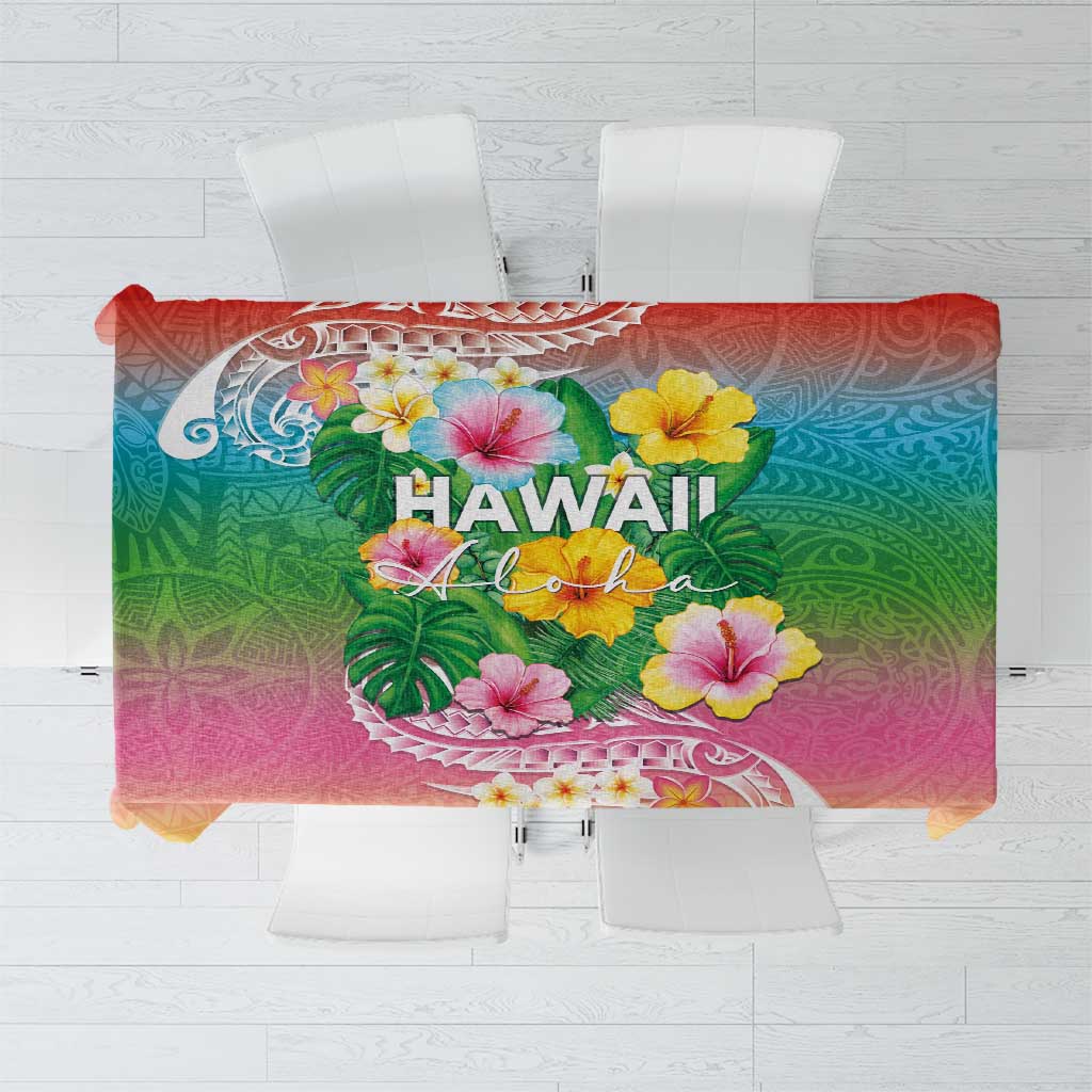 Hawaii Aloha Tropical Leaves and Flower Tablecloth with Polynesian Art Tattoo Rainbow Color LT03 Rainbow - Polynesian Pride