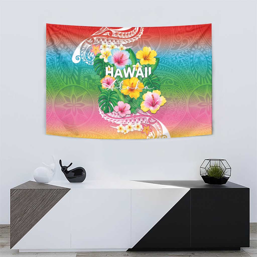 Hawaii Aloha Tropical Leaves and Flower Tapestry with Polynesian Art Tattoo Rainbow Color - Polynesian Pride