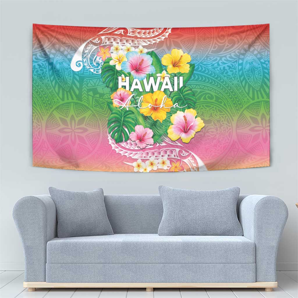 Hawaii Aloha Tropical Leaves and Flower Tapestry with Polynesian Art Tattoo Rainbow Color - Polynesian Pride