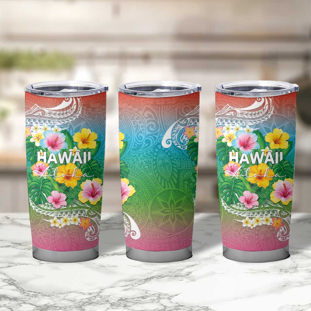 Hawaii Aloha Tropical Leaves and Flower Tumbler Cup with Polynesian Art Tattoo Rainbow Color - Polynesian Pride
