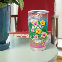 Hawaii Aloha Tropical Leaves and Flower Tumbler Cup with Polynesian Art Tattoo Rainbow Color - Polynesian Pride