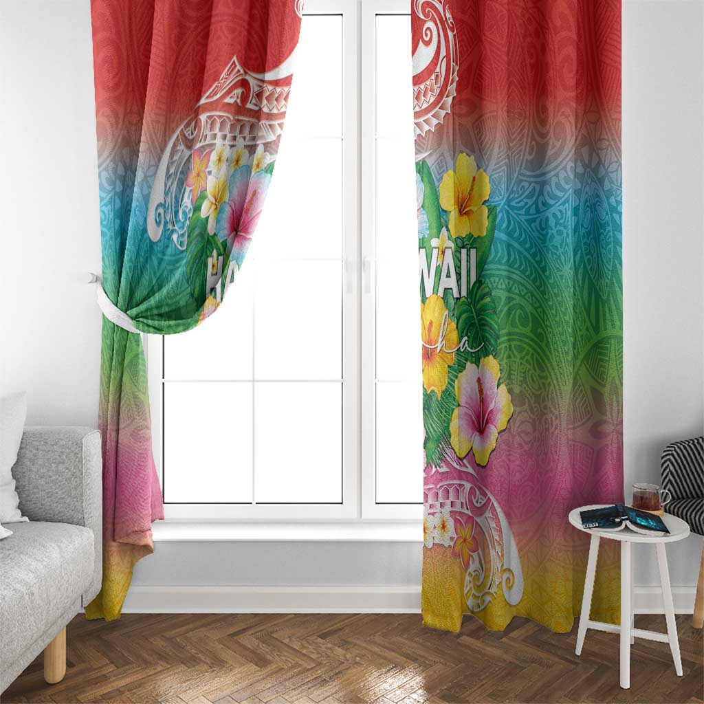 Hawaii Aloha Tropical Leaves and Flower Window Curtain with Polynesian Art Tattoo Rainbow Color - Polynesian Pride