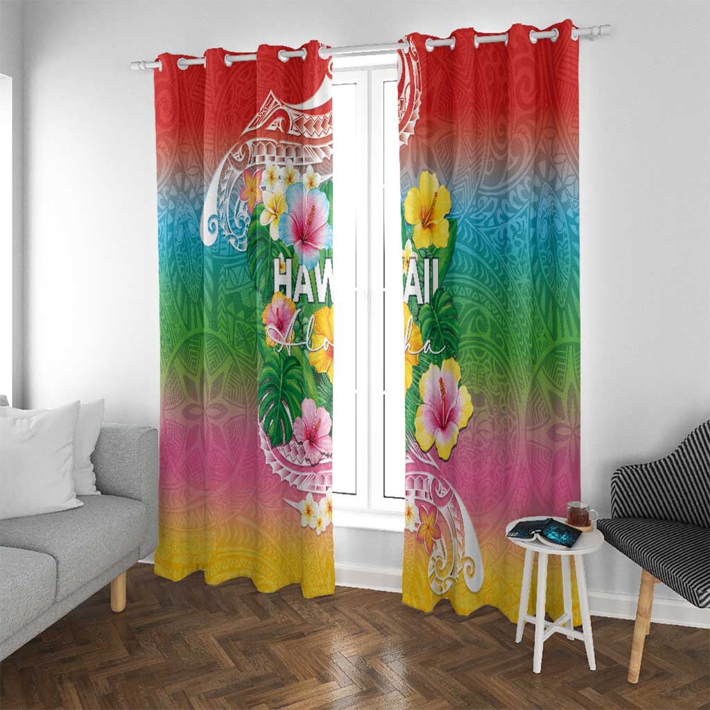 Hawaii Aloha Tropical Leaves and Flower Window Curtain with Polynesian Art Tattoo Rainbow Color - Polynesian Pride