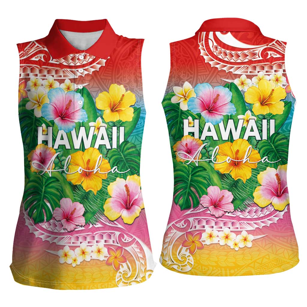 Hawaii Aloha Tropical Leaves and Flower Women Sleeveless Polo Shirt with Polynesian Art Tattoo Rainbow Color - Polynesian Pride
