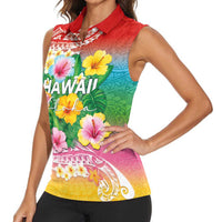 Hawaii Aloha Tropical Leaves and Flower Women Sleeveless Polo Shirt with Polynesian Art Tattoo Rainbow Color - Polynesian Pride