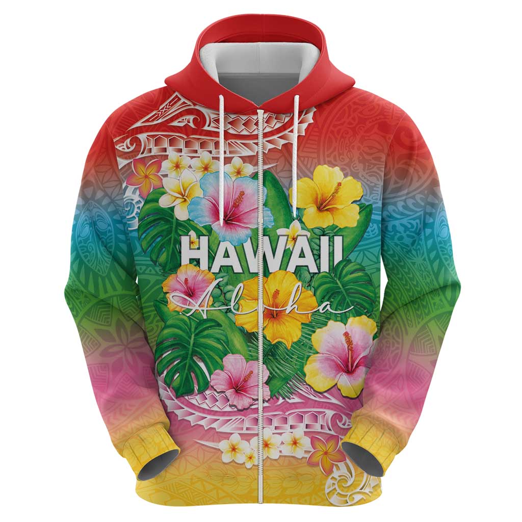 Hawaii Aloha Tropical Leaves and Flower Zip Hoodie with Polynesian Art Tattoo Rainbow Color - Polynesian Pride