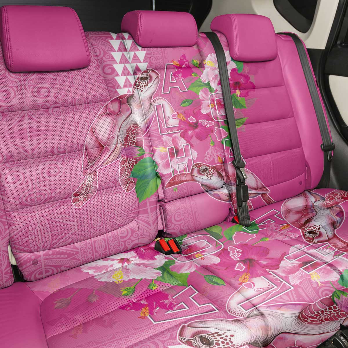 Hawaii Aloha Turtle Hibiscus and Leaves Back Car Seat Cover with Polynesian and Kakau Tattoos Rose Color - Polynesian Pride