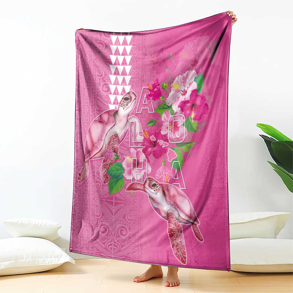 Hawaii Aloha Turtle Hibiscus and Leaves Blanket with Polynesian and Kakau Tattoos Rose Color - Polynesian Pride