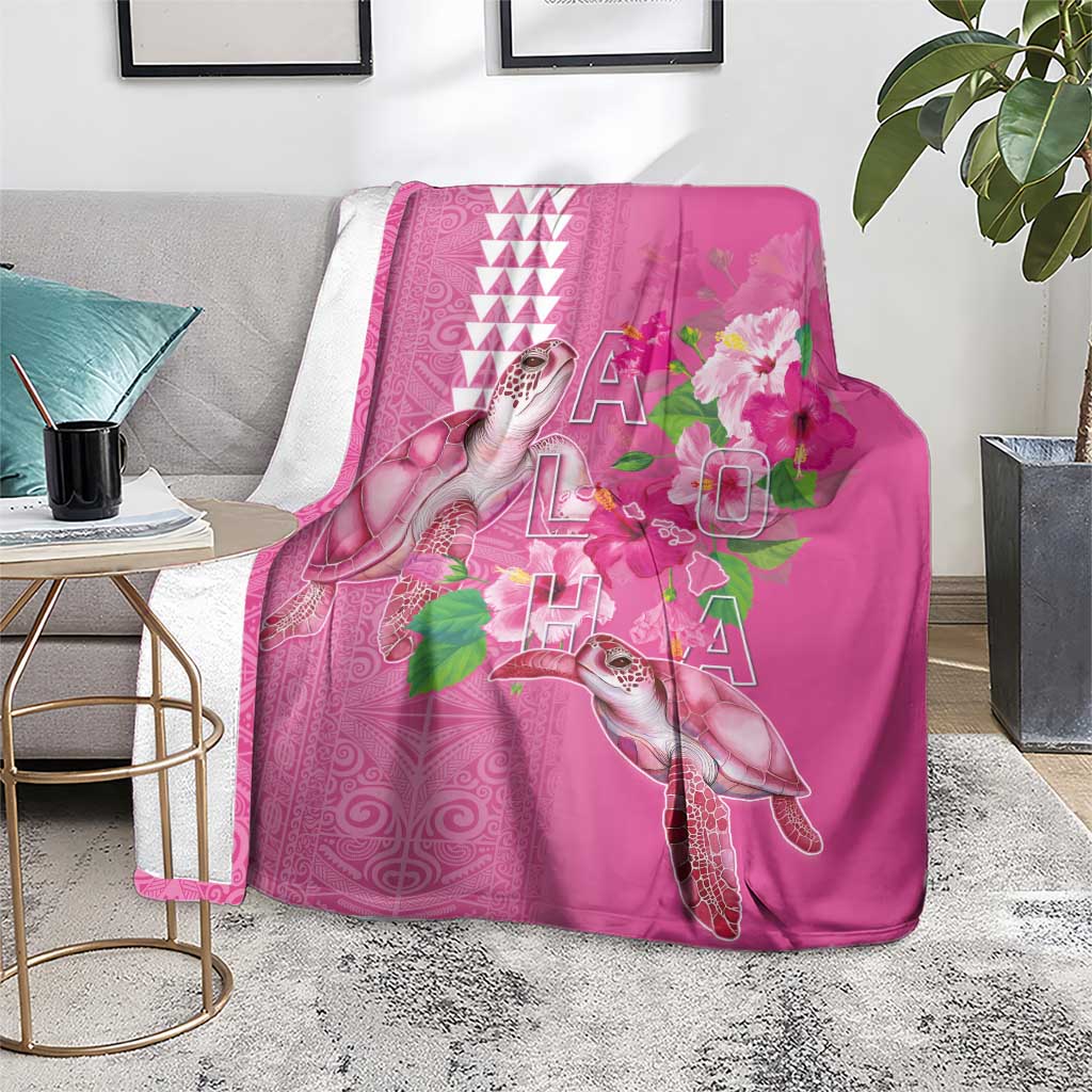 Hawaii Aloha Turtle Hibiscus and Leaves Blanket with Polynesian and Kakau Tattoos Rose Color - Polynesian Pride