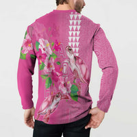Hawaii Aloha Turtle Hibiscus and Leaves Button Sweatshirt with Polynesian and Kakau Tattoos Rose Color - Polynesian Pride