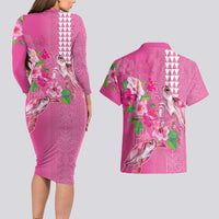 Hawaii Aloha Turtle Hibiscus and Leaves Couples Matching Long Sleeve Bodycon Dress and Hawaiian Shirt with Polynesian and Kakau Tattoos Rose Color - Polynesian Pride