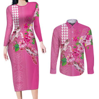Hawaii Aloha Turtle Hibiscus and Leaves Couples Matching Long Sleeve Bodycon Dress and Long Sleeve Button Shirt with Polynesian and Kakau Tattoos Rose Color - Polynesian Pride