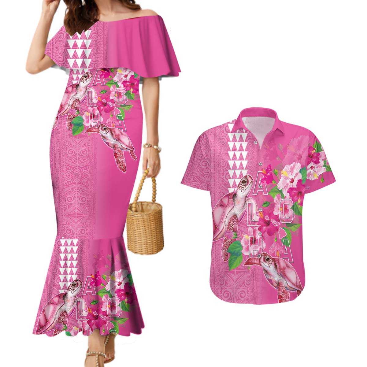 Hawaii Aloha Turtle Hibiscus and Leaves Couples Matching Mermaid Dress and Hawaiian Shirt with Polynesian and Kakau Tattoos Rose Color - Polynesian Pride