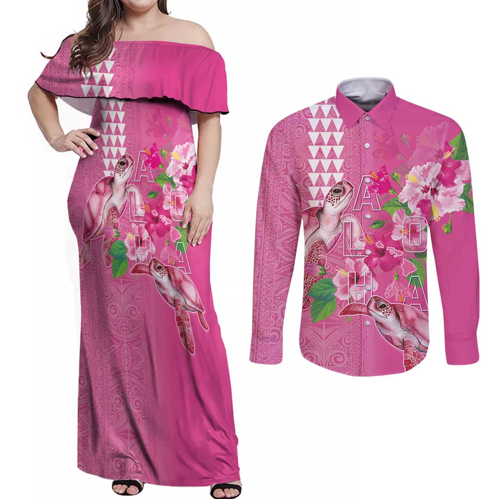 Hawaii Aloha Turtle Hibiscus and Leaves Couples Matching Off Shoulder Maxi Dress and Long Sleeve Button Shirt with Polynesian and Kakau Tattoos Rose Color - Polynesian Pride