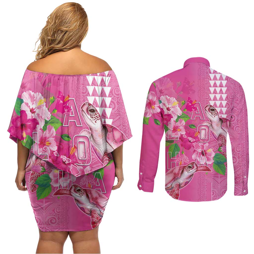 Hawaii Aloha Turtle Hibiscus and Leaves Couples Matching Off Shoulder Short Dress and Long Sleeve Button Shirt with Polynesian and Kakau Tattoos Rose Color - Polynesian Pride